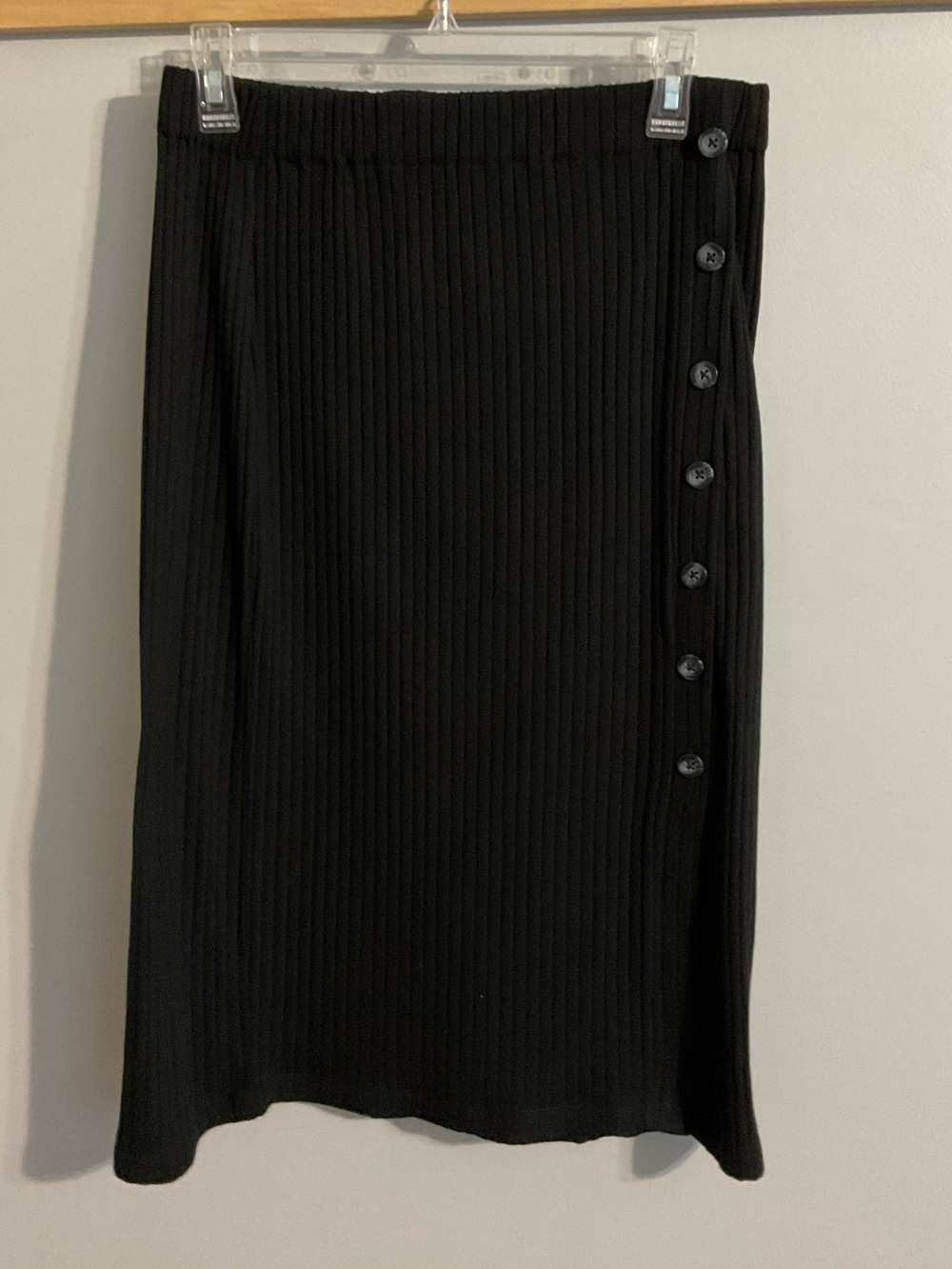 Black Ribbed Midi Skirt with Faux Side Buttons - Large 12-14